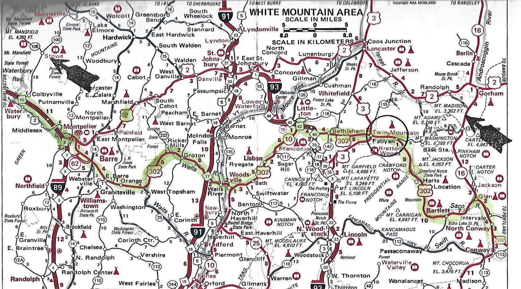 Roadbook von Jeff Korell (AAA) - Abschnitt White Mountains